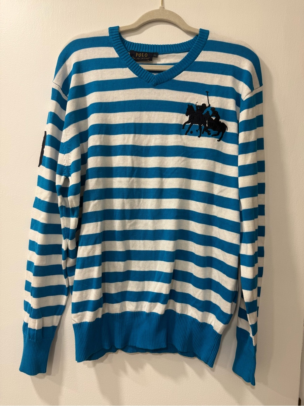 Vintage Polo by Ralph Lauren Blue & White Striped V-Neck Sweater